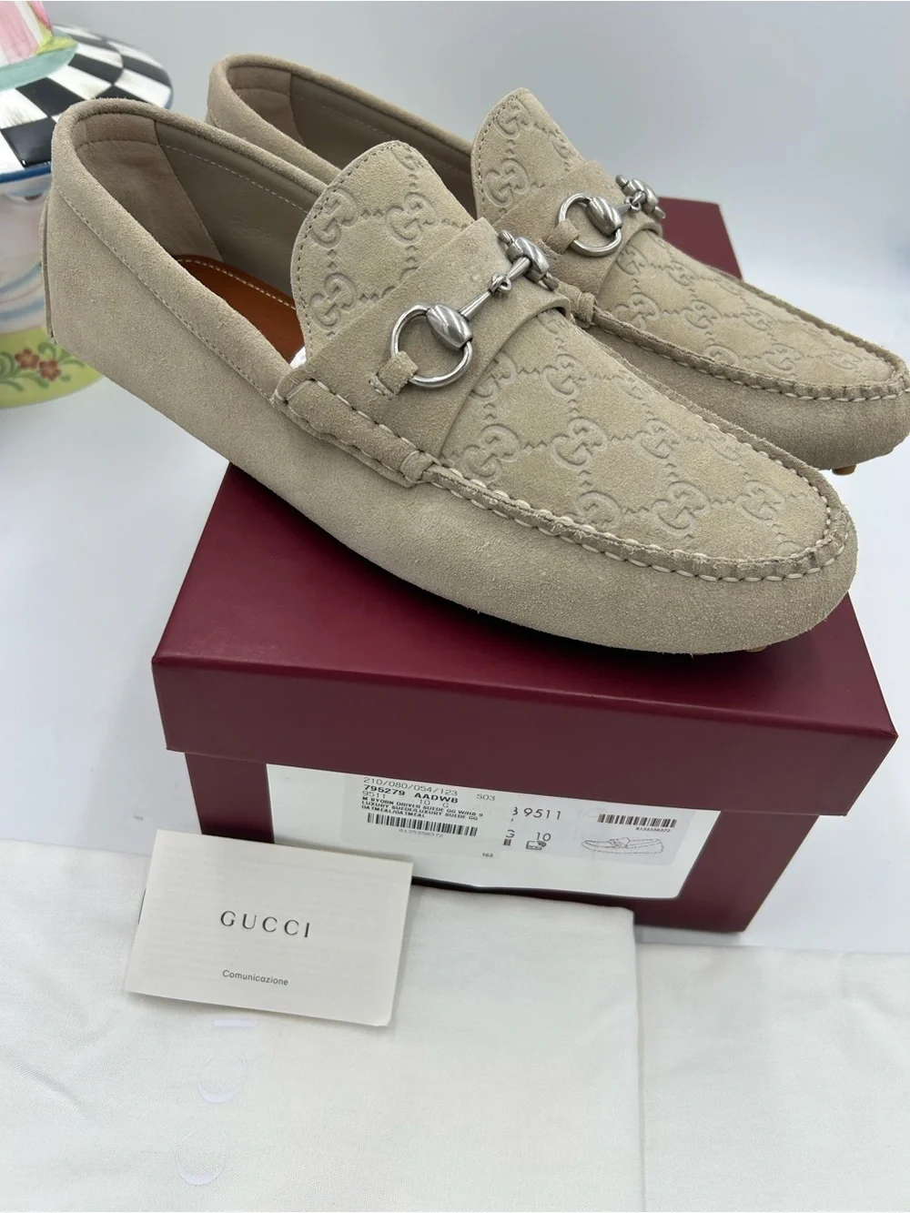 Men's Gucci GG  embossed oatmeal suede Driver loafers size 10 fits 10.5 US